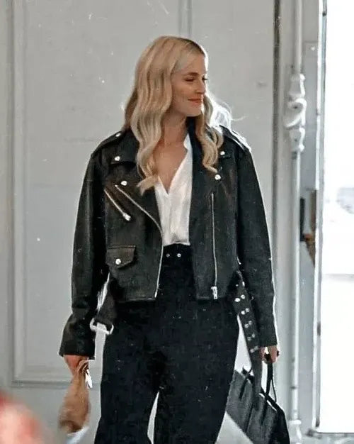 Black biker jacket Emily in Paris