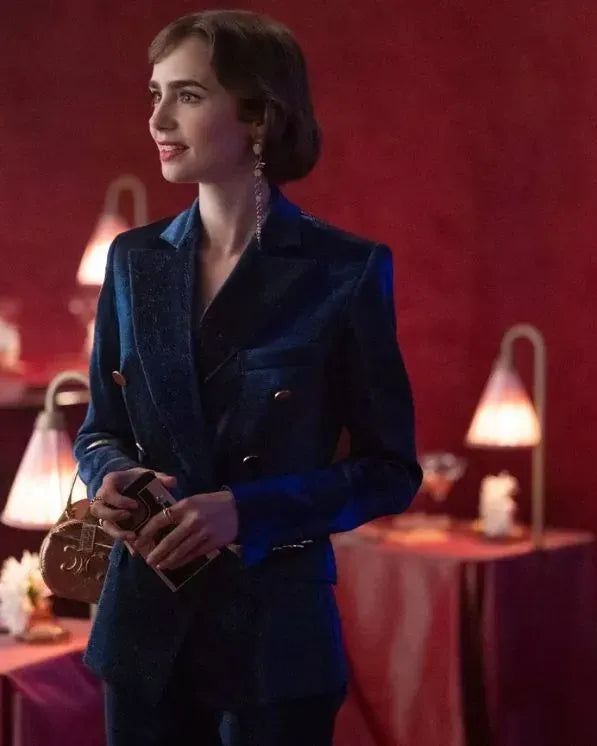Lily Collins S03 blue velvet suit