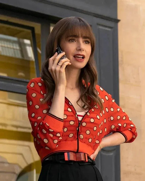 Lily Collins S03 red dotted jacket