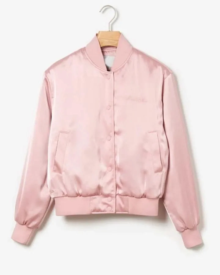 Lily Collins pink bomber jacket
