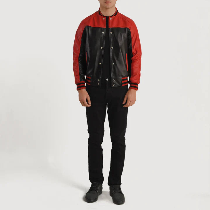 Men Black & Red Leather Varsity Jacket