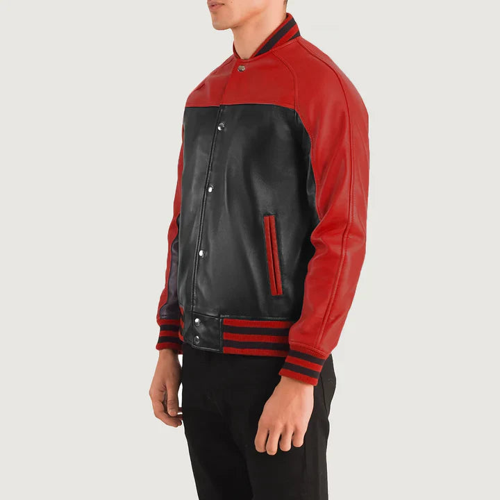 Men Black & Red Leather Varsity Jacket