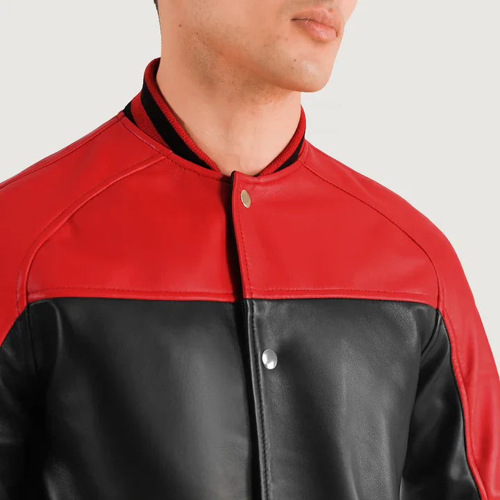 Men Black & Red Leather Varsity Jacket