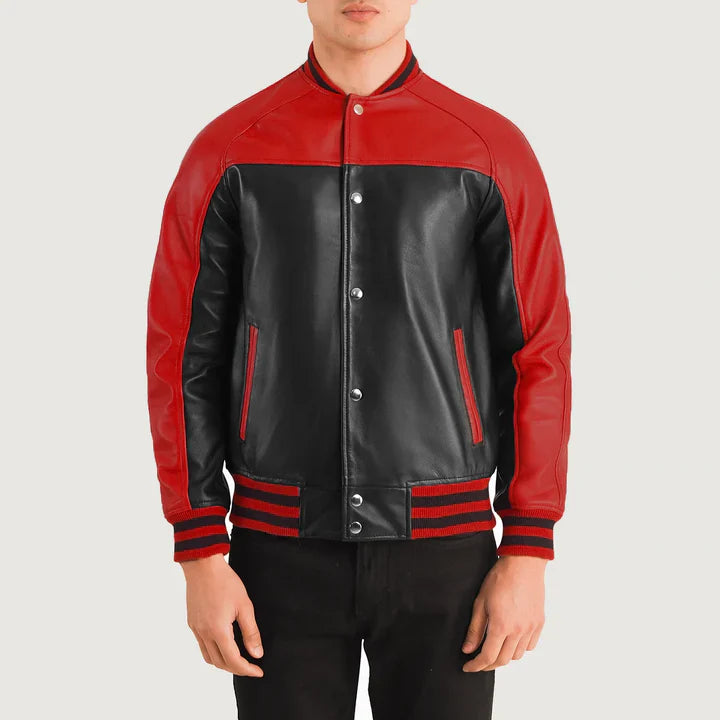 Men Black & Red Leather Varsity Jacket