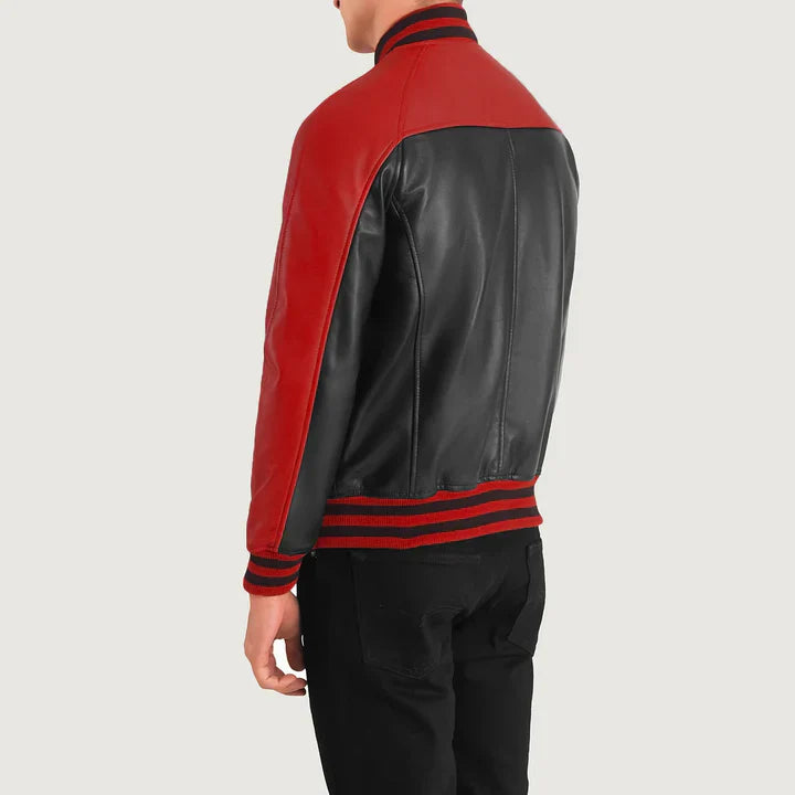 Men Black & Red Leather Varsity Jacket