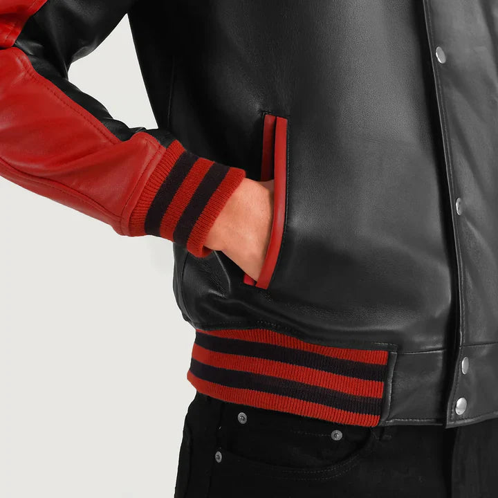 Men Black & Red Leather Varsity Jacket
