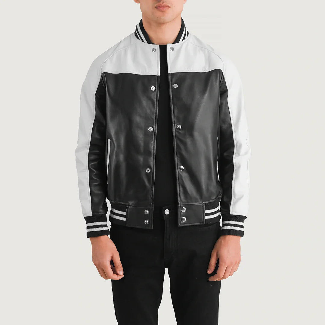 Men_s_Terrance_Black_White_Leather_Varsity_Jacket_Open_Front
