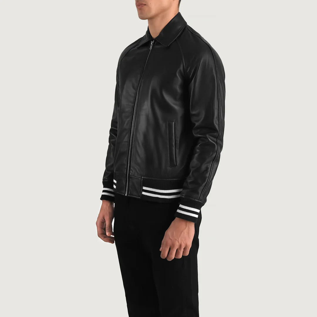 Men_s_Walton_Black_Leather_Varsity_Jacket_Side_Pose