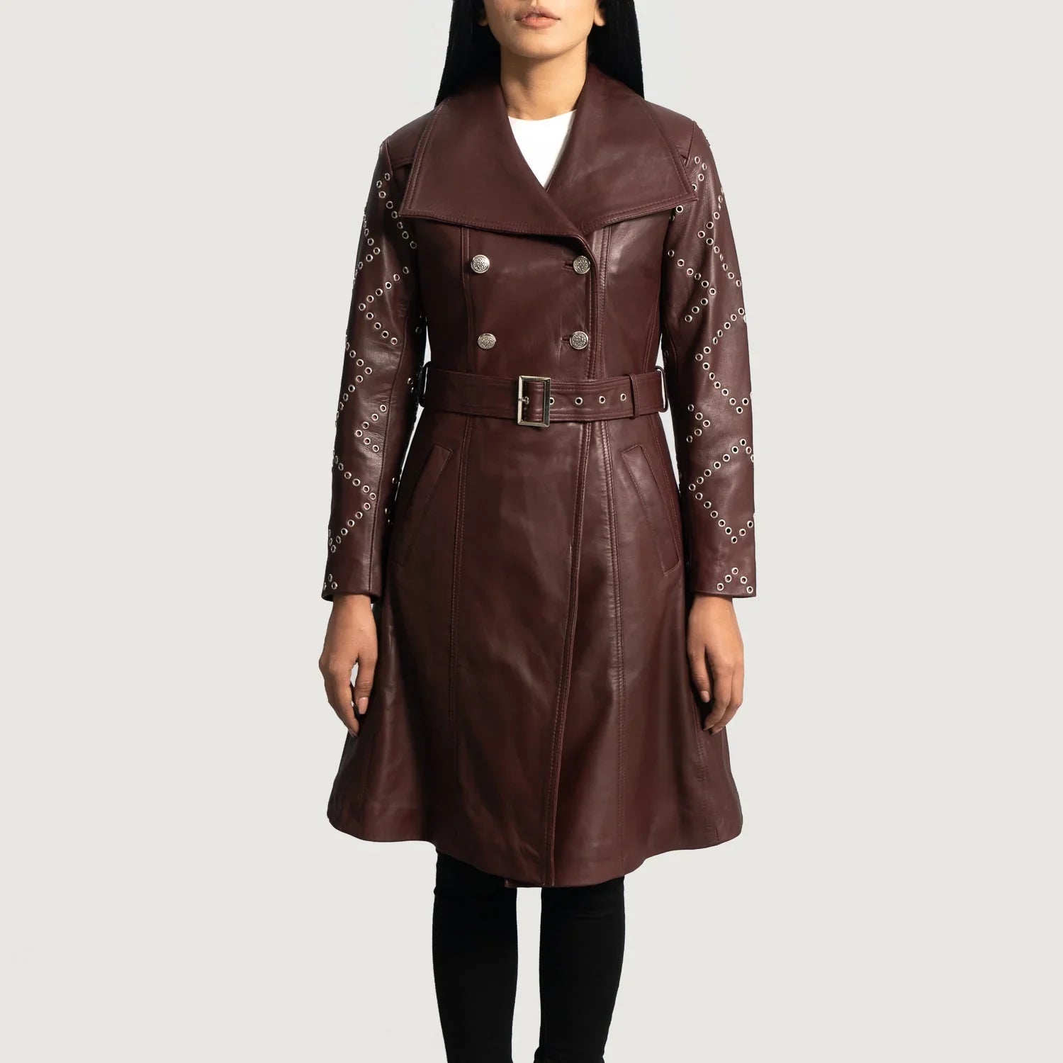 Mia Maroon Leather Trench Coat