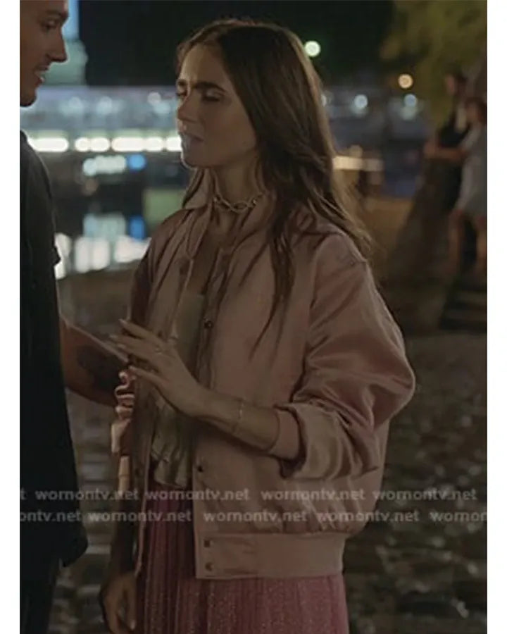 Pink bomber jacket Emily in Paris
