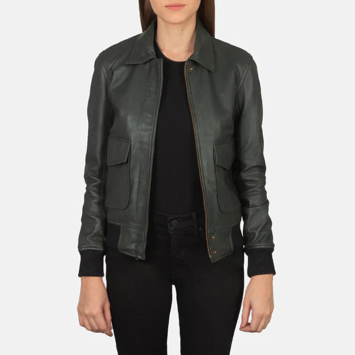 Women_s_Aero_A-2_Green_Leather_Bomber_Jacket_Open_Front