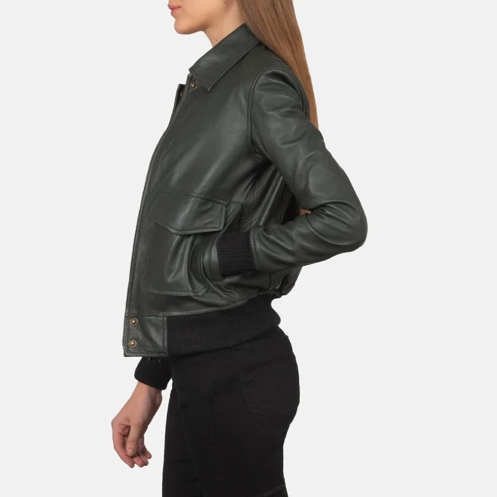 Green leather jacket worn by a person on a white background