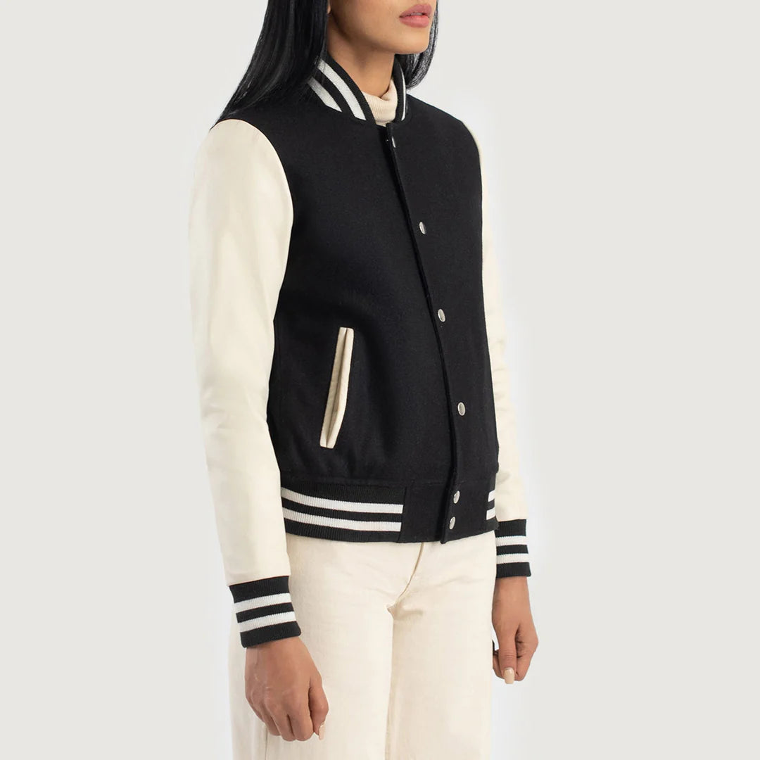 Women_s_Savant_Black_White_Hybrid_Varsity_Jacket_Side_Pose