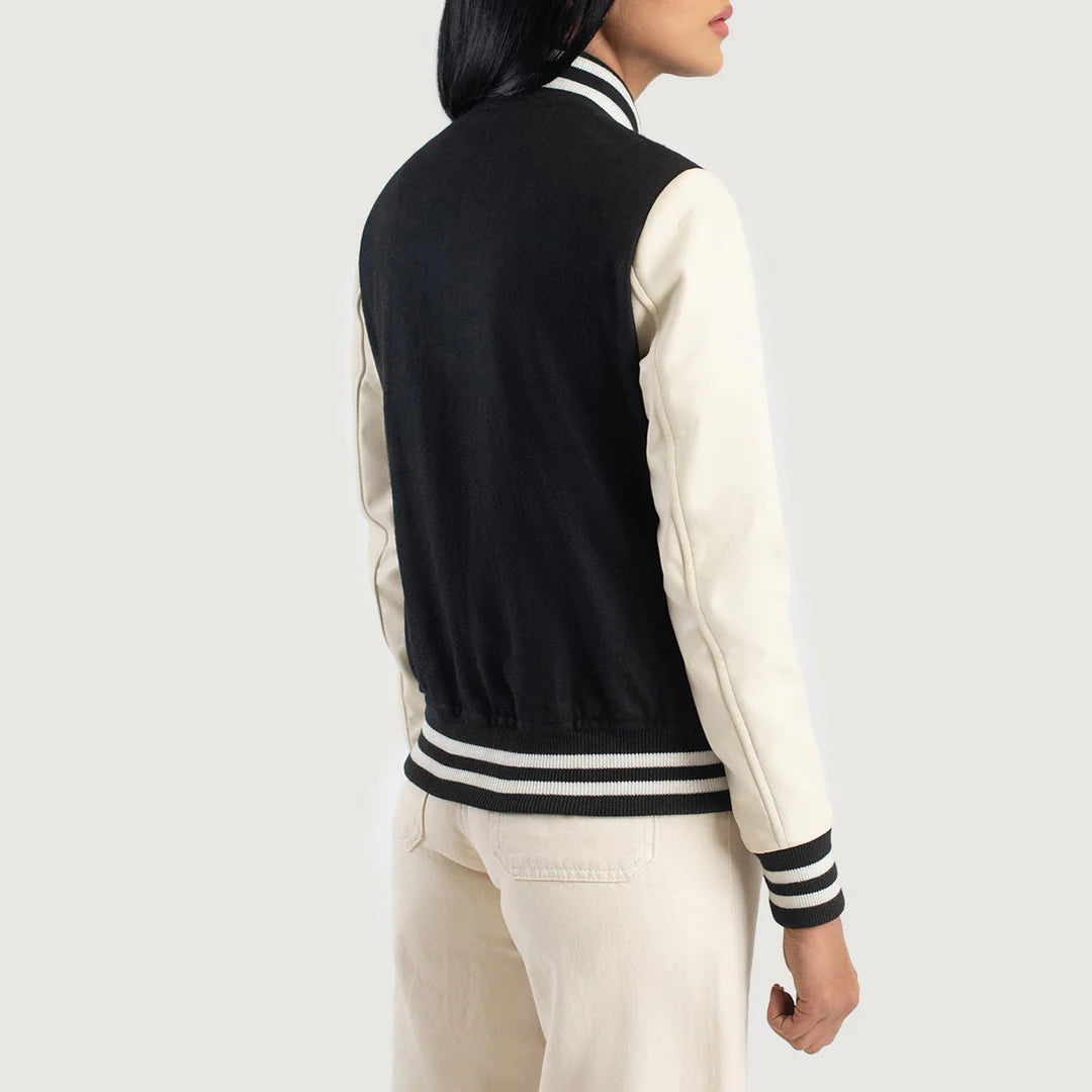 Women_s_Savant_Black_White_Hybrid_Varsity_Jacket_Tilted_Back