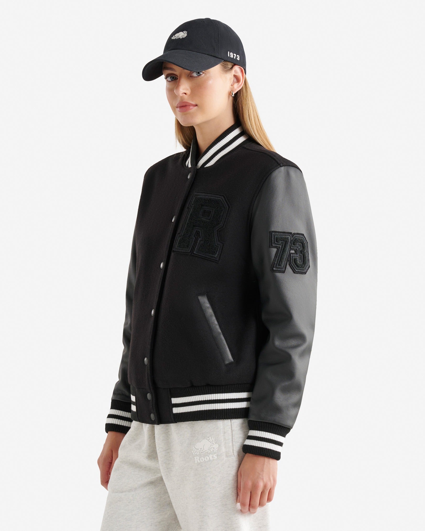 Womens_Black_Varsity_Jacket_Side_pose